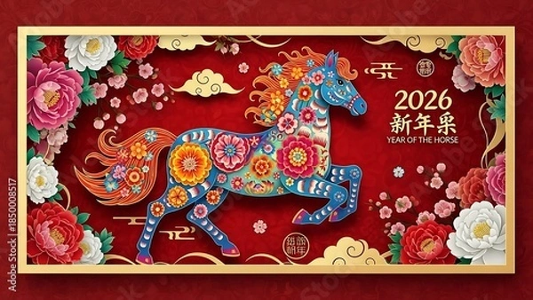 Fototapeta Ornate Blue Horse Decorated with Flowers for Chinese New Year