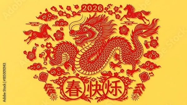 Fototapeta Red Dragon and Horses Chinese New Year 2026 Paper Cut Design