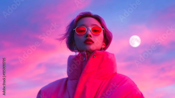 Obraz Anime girl portrait in red glasses with full moon and clouds dusk background