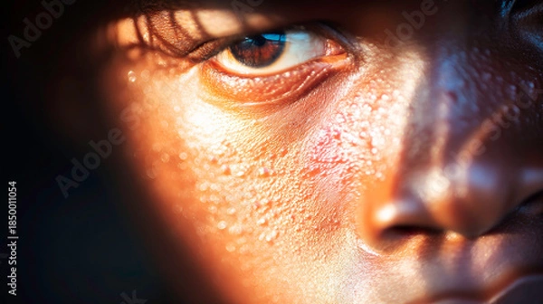 Obraz Human face in shadow showing distress with visible monkeypox virus lesions