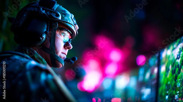 Obraz Soldier operating high tech monitor displaying drone imagery and military technology