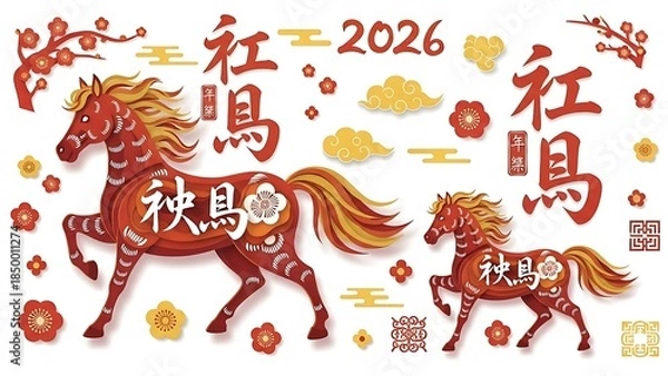 Fototapeta Red Paper Cut Horses Chinese Characters and Flowers 2026