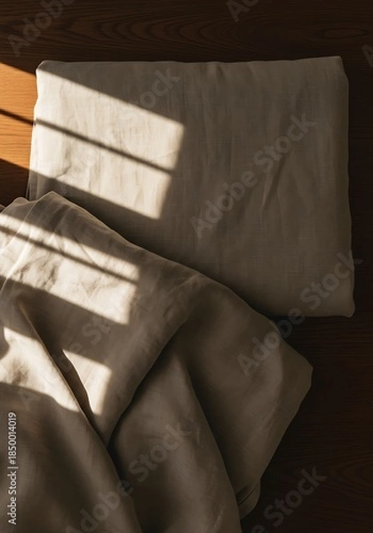 Obraz Folded beige textiles lit by sunlight creating shadows on wooden surface