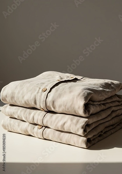 Obraz Folded linen shirts on a white surface with soft sunlight and shadows