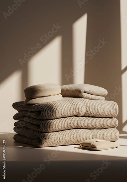Obraz Stacked beige textile items under warm sunlight with shadows and copy space
