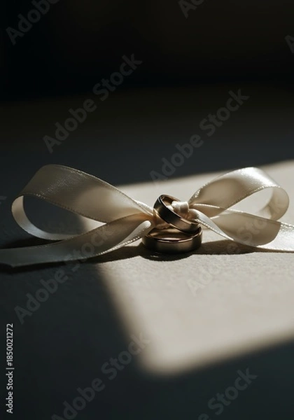 Obraz Wedding rings with ribbon symbolizing marriage and commitment isolated