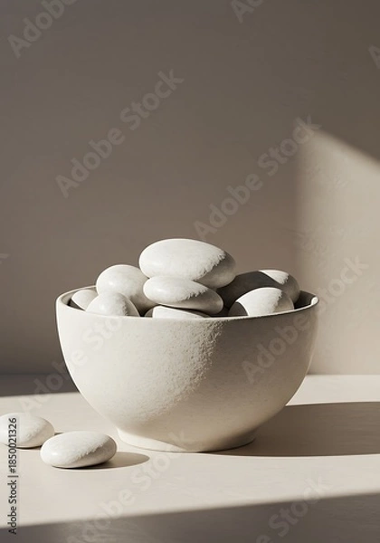 Obraz White stones in ceramic bowl on a table under soft sunlight copy space