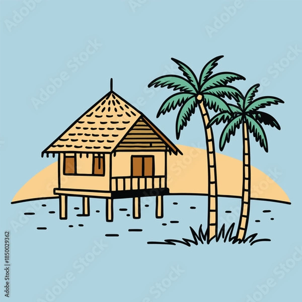 Obraz  Tropical palm tree,house,beach vector illustration.