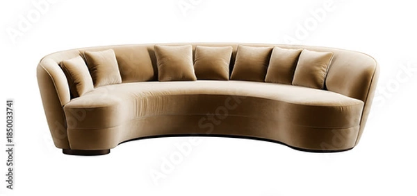 Obraz Isolated png beige curved velvet luxury designer sofa, transparent background 