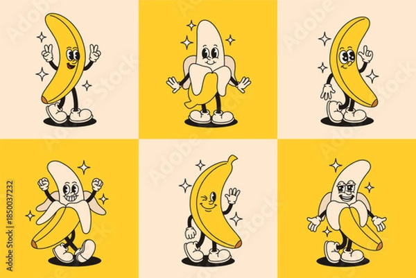 Obraz Groovy banana characters in retro style. Flat vector illustration.