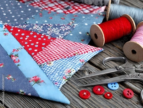 Obraz Colorful patchwork with thread spools, scissors, and buttons on a rustic wooden surface