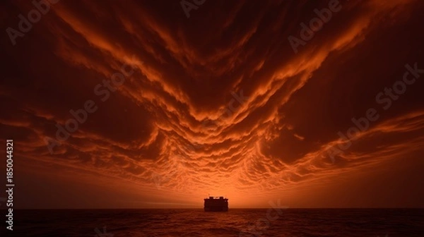 Obraz Dramatic sunset sky above the sea, framing a distant, dark rectangular structure