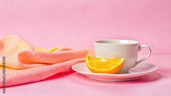 Obraz empty coffee cup on beige fabric background