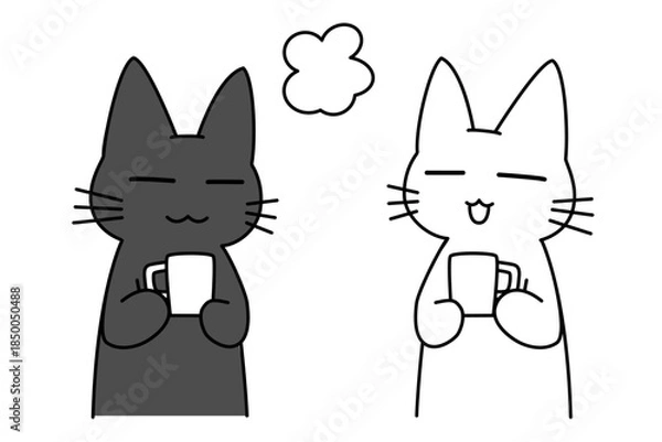 Fototapeta コーヒーブレイクでリラックスする黒猫と白猫の可愛いイラスト