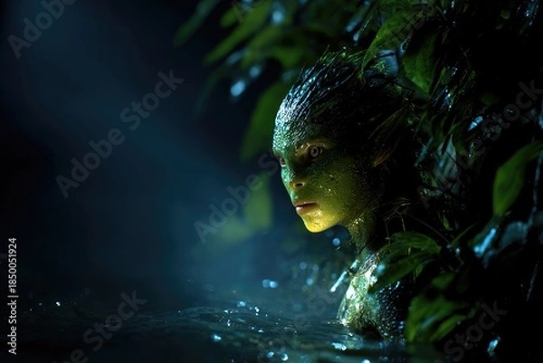 Obraz Green Water Humanoid Creature in Mystical River Scene
