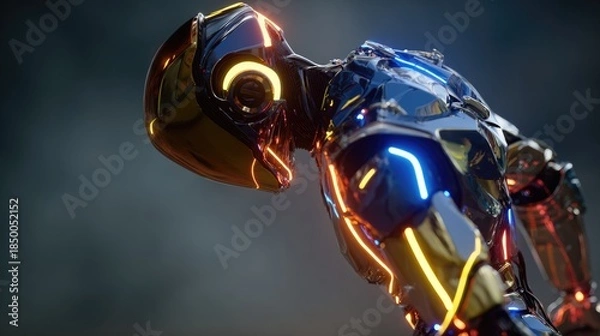 Obraz Sleek Metallic Android in Dramatic Neon Light
