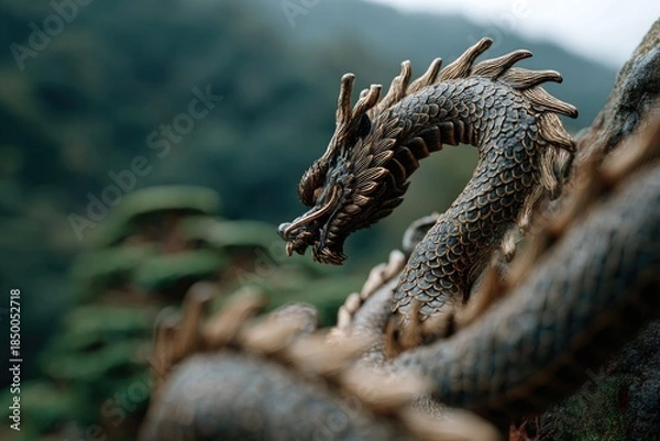 Obraz Mythical Japanese Dragon Floating Among Clouds
