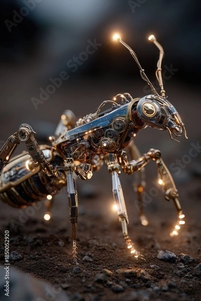 Obraz A massive insect enhanced with mechanical limbs, armor plating, and glowing sensors