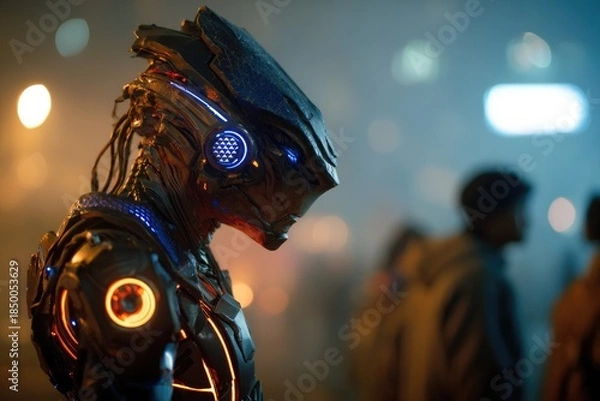 Obraz Dark Cyberpunk Creature with Glowing Implants at Night
