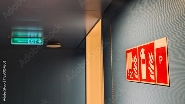 Obraz Close Up View Illuminated Green Exit Sign 