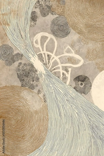 Obraz Abstract composition featuring flowing lines and textured circular elements against a muted background