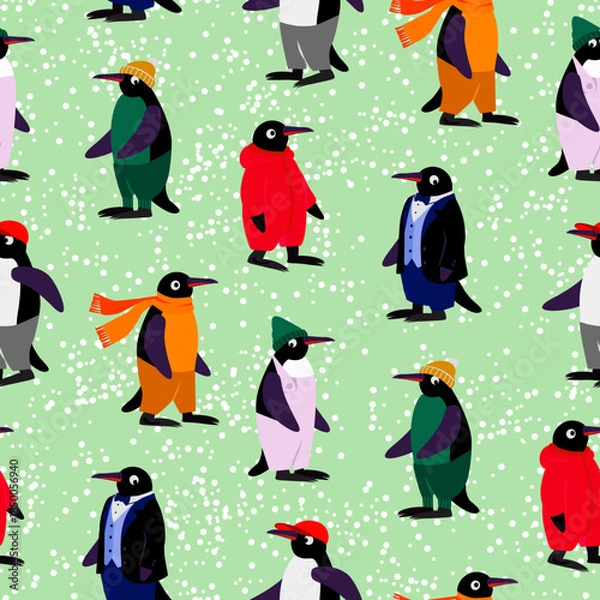 Obraz Vector - Pinguins seamless pattern, colorful dressed.