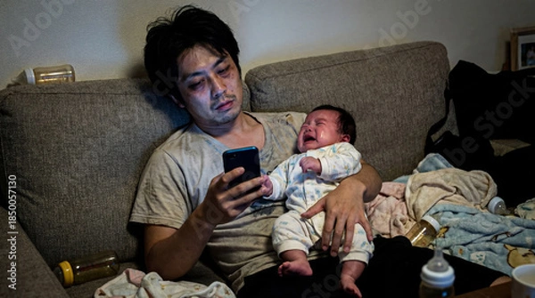 Obraz 深夜に泣く赤ちゃんを抱えながらスマホを見る日本人の父親