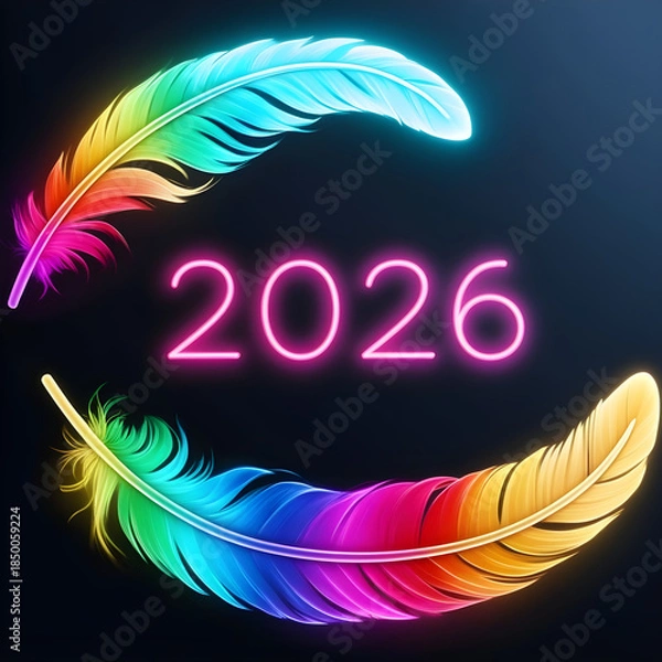 Obraz Abstract Neon Rainbow Feather with 2026 Text on Dark Background, Futuristic Glowing Digital Art