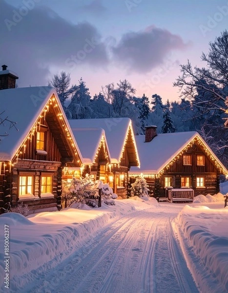 Obraz Winter Wonderland Cabin: A cozy cabin scene, a snowy road leads to inviting cabins adorned with twinkling lights. The ambiance of this winter scene, evoking a sense of warmth and festive cheer.