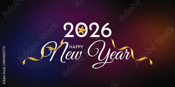 Obraz Happy New Year 2026 Elegant Script Typography with Golden Ribbon on Dark Gradient
