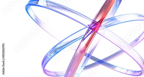 Obraz Blue science and tech 3d background with glass holographic transparent circle lines. Iridescent abstract structure of atom with purple red gradient for physics and chemistry design