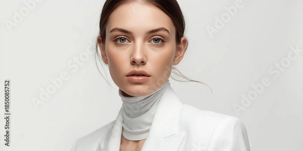 Obraz Cloud Dancer 2026 clean beauty portrait with natural makeup and minimalist aesthetic. Contemporary skincare concept perfect for cosmetic campaigns, beauty brands, wellness marketing materials.