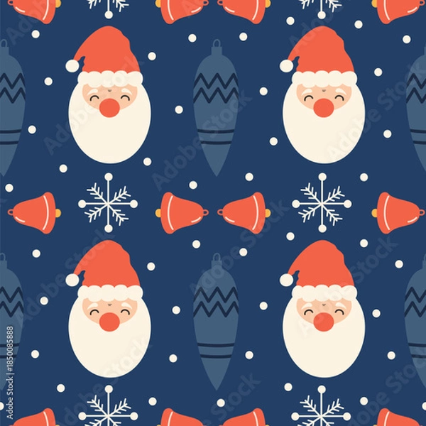 Fototapeta cute hand drawn christmas holiday season seamless vector pattern vintage illustration with santa claus,  baubles, red bells and snowflakes on blue background