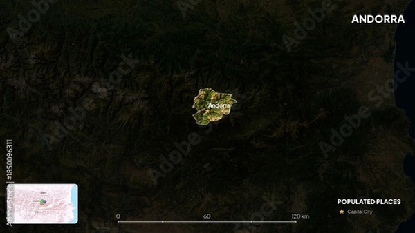 Obraz 4K Andorra Border Land Map, High Resolution Satellite View with Province Lines and Highly Populated Cities, Widescreen 4K Resolution