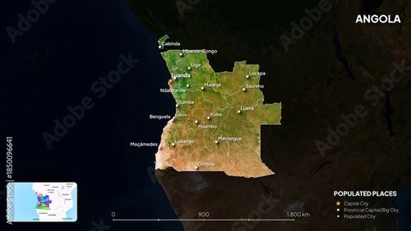 Obraz 4K Angola Border Land Map, High Resolution Satellite View with Province Lines and Highly Populated Cities, Widescreen 4K Resolution