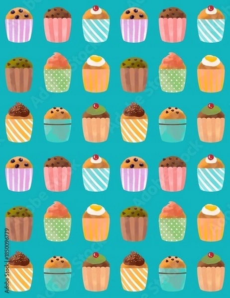 Obraz カラフルで可愛いカップケーキ、マフィンのパターン