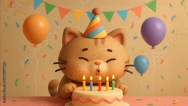 Obraz Kitty Kat Blows Out the Candles on its Birthday Cake