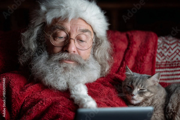 Obraz  Santa Claus sitting with cat and using tablet.