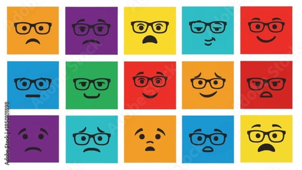 Obraz Grid of 15 square emojis expressing various emotions all wearing glasses