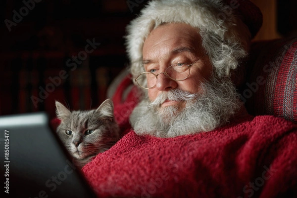 Obraz Santa Claus sitting with cat and using tablet.
