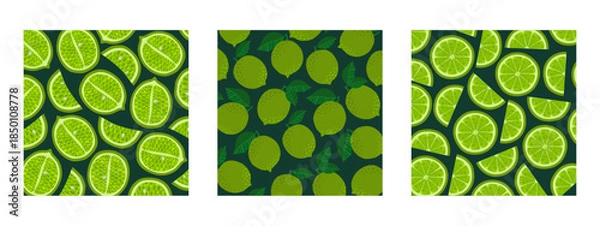 Obraz Set of botanical backgrounds featuring various whole limes, halves, and slices. Ideal for summer sales, organic product ads, juice packaging, kitchen elements, wallpapers, posters, or other designs.