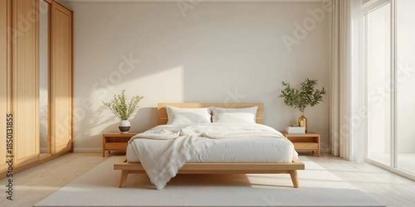 Obraz Simple bedroom setup featuring white sheets, pillows, and wooden furniture, minimalism and cleanliness, Earth Day
