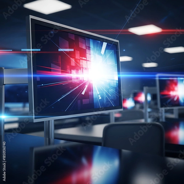 Obraz A calm outdoor scene showing green fields under a bright blue sky with soft clouds