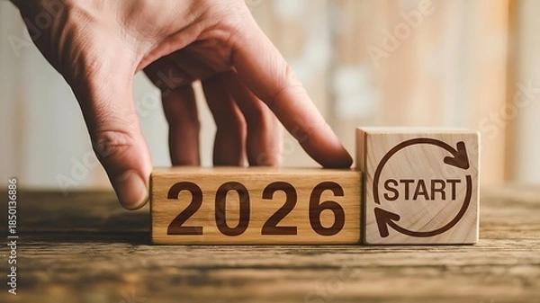Fototapeta 2026 New Beginnings Concept – Wooden Blocks with Start Symbol and Year Transition