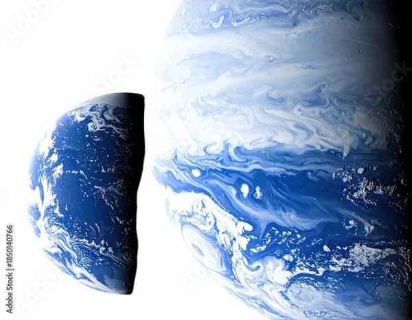 Obraz Two planets, one large, one smaller, rendered with swirling cloud patterns against black space