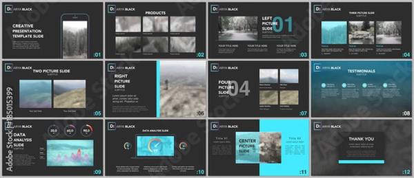 Obraz Czyste i minimalne szablony prezentacji. Niebieskie elementy na czarnym tle. Projekt okładki broszury wektorowej. Slajdy prezentacyjne do ulotki, ulotki, broszury, raportu, marketingu, reklamy, banera