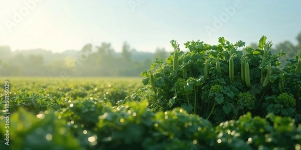 Fototapeta Vegetable garden with green pea and celery plants during active growth, highlighting seasonal planting