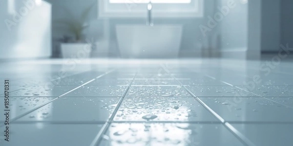 Obraz Bright, glossy white tiles with water droplets, designed for bathroom surface hygiene and cleaning efficiency