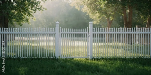 Obraz White garden fence acting as a backdrop for outdoor landscaping, useful for garden layout or landscape planning