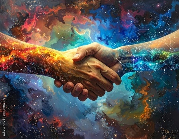Obraz Cosmic handshake depicting unity, connection, and collaboration